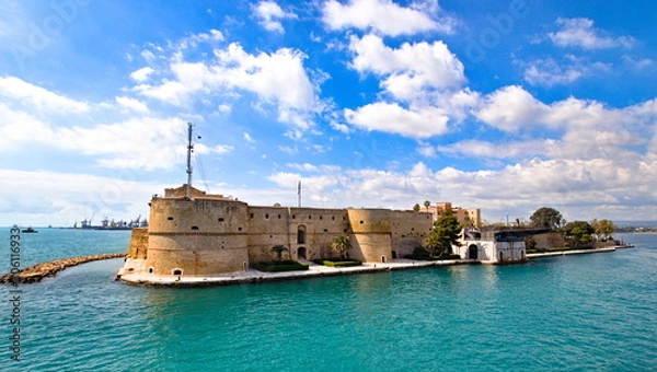 Obraz Aragonese Castle of Taranto and revolving bridge on the channel between Big and Small sea, Puglia, Italy, Blue sunny sky 