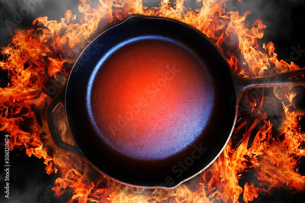 Obraz Pan on open fire. Flat view. Concept of stylish cooking, barbecue catering or hot special proposition, discounts and sales