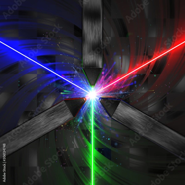 Fototapeta Three scientific lasers emitting RVB light with an explosion of colorful particles on the center