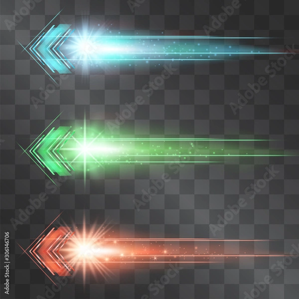 Fototapeta Arrow laser glow vector illumination set. Motion effect light blinking on transparent background. Light energy stream for modern hi tech. Power neon flicking flow of high speed particles, space shine.