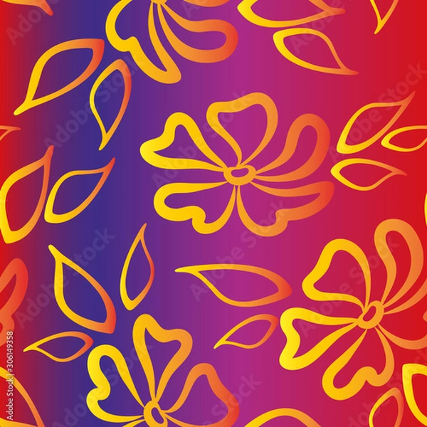 Fototapeta Seamless Pattern with Golden Yellow Symbolical Flowers and Leaves on Tile Background. Vector