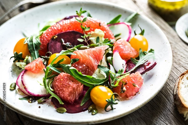 Fototapeta Pomelo with Beetroot, Cherry Tomato and Rocket Salad