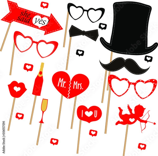 Fototapeta Photo booth template. Collection decorative elements, such as moustache, hat, glasses, cupid, heart. Set of sticker of the Valentine day. Wedding vector elements on isolated background.