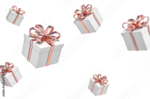 Fototapeta White gift box with rose gold ribbon floating on white background 3d rendering. 3d illustration minimal style, celebration christmas and new year sale concept.
