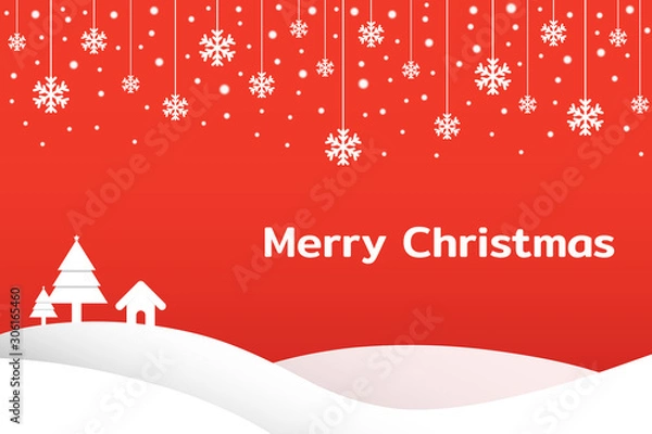 Fototapeta Merry Christmas background with Christmas tree and snowflake. Design red and white. Winter landscape with snow.