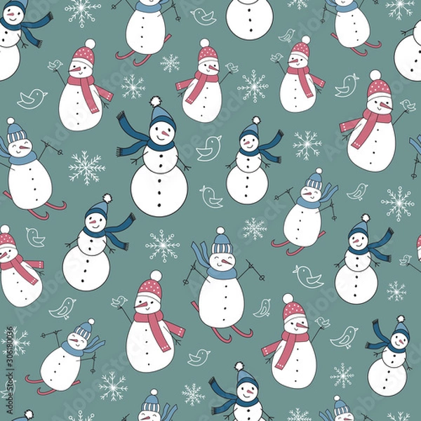 Fototapeta Vector repeat pattern with cute snowmen and snowflakes. One of the "Winter Snowmen" collection patterns with Christmas feeling.