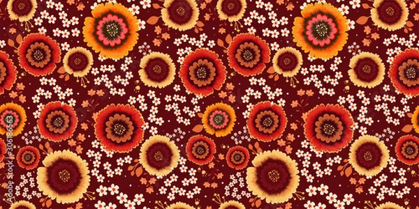 Fototapeta Floral seamless pattern in Oriental style. Chinese ornament with  flowers and leaves on a rich red background. Beautiful Botanical illustration. Template for fashion prints, textile, Wallpaper. Vector