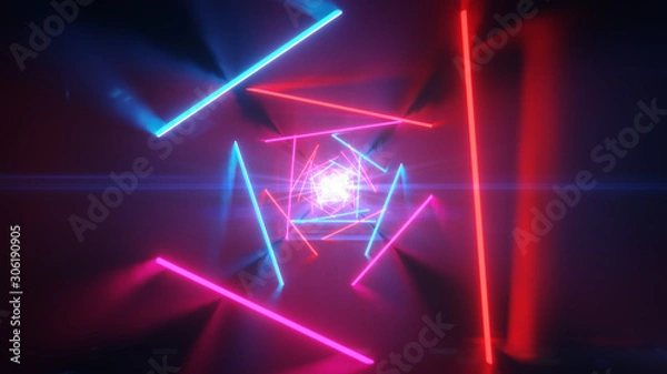 Fototapeta Abstract futuristic corridor with triangles, colorful laser neon lines, geometric endless tunnel
