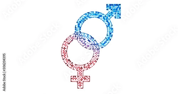 Fototapeta Gender icon. Male and female sex symbols. Illustration in the form of a starry sky or space, consisting of points, lines, and shapes in the form of stars with destruct shapes. Gender equal.