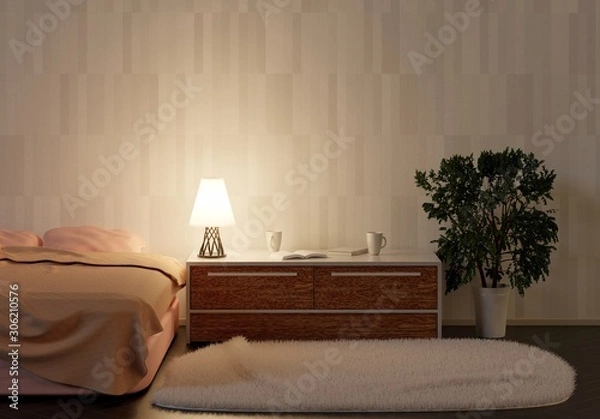 Obraz Night interior of the bedroom with cozy light from the lamp on the table. Fluffy carpet on the floor. 3D rendering. 3D illustration.