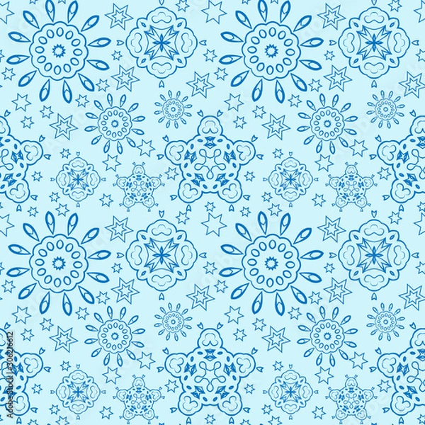 Fototapeta Seamless pattern with blue snowflakes and stars