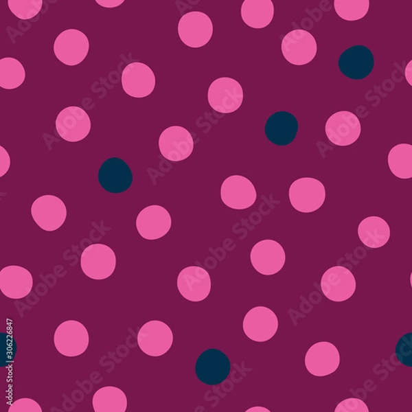 Fototapeta Light pink and dark blue polka dots on burgundy background vector pattern.
