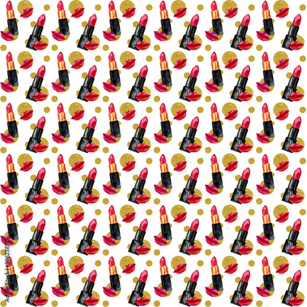 Obraz Watercolor seamless pattern with make-up elements, lipstick and lips.