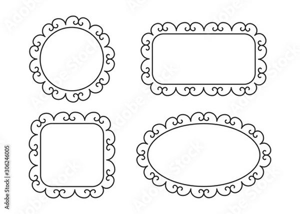 Fototapeta Empty blank vintage frame set, romantic old style text box with calligraphic design elements, black isolated on white background, vector illustration.