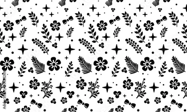 Fototapeta Abstract floral pattern background, black silhouette on white background.