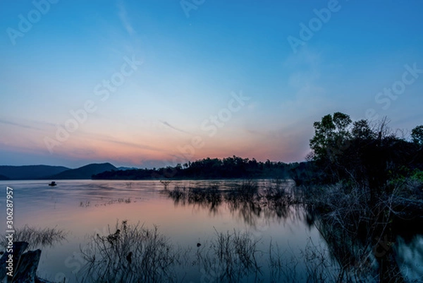Obraz beautiful blue sky green forest mountains lake view at Kaeng Krachan National Park, Thailand.  an idea for backpacker hiking on long weekend or a couple, family holiday activity camping relaxing