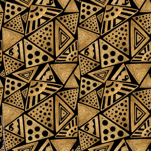Obraz Ethnic gold hand painted seamless pattern. Abstract triangles golden background. Tribal aztec texture.