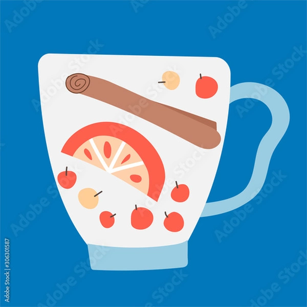 Obraz Vector hand drawn illustration of a glass with berries, orange slice and cinnamon for a drink. Tea, mulled wine or a hot winter drink in a modern style on a blue background. Design greeting cards, pos