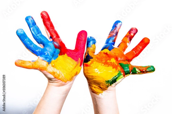 Fototapeta Hands of a child in paint on a white background.