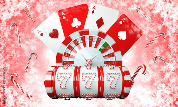 Obraz Red And White Christmas / New Year  Slot Machine, Roulette Wheel And Playing Cards Isolated On Pink Background - 3D Illustration