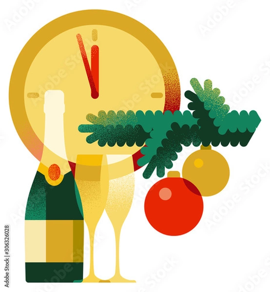 Fototapeta Five minutes until New Year. Decorative composition with christmas tree and bottle of champagne. Flat style vector illustration.