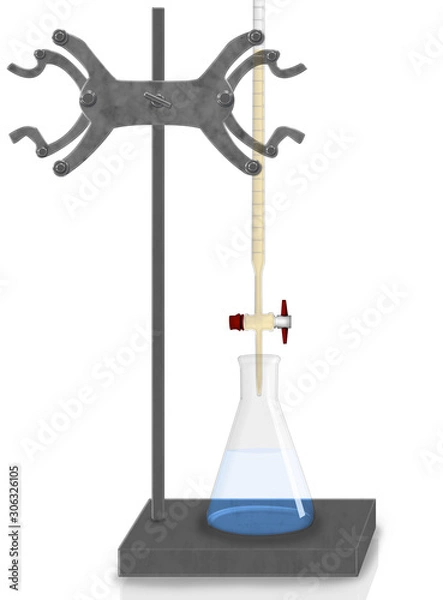Obraz setup of titration acid-base called standardisation consisted of erlenmeyer flask buret metal stand and clamp.