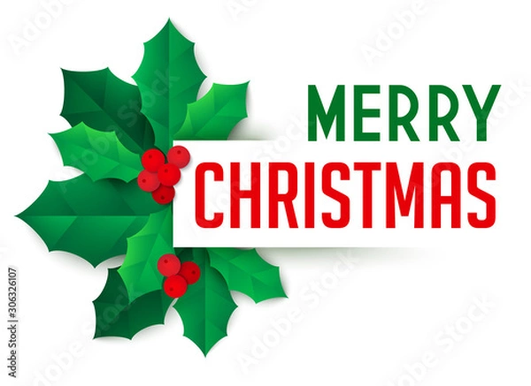 Fototapeta Christmas congratulation composition with holly leaves and berries. Greeting card template in paper art and craft style. Vector illustration