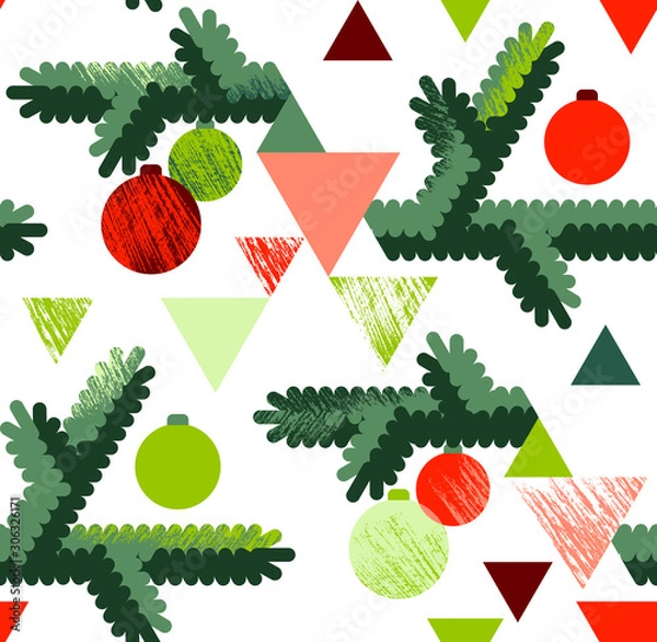 Fototapeta Christmas tree branches and balls seamless pattern. New Year flat style vector illustration.