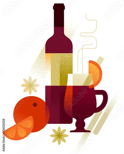 Fototapeta Mulled wine. Bottle and glass full of hot red wine, decorated with orange slices and spices. Trendy flat style vector illustration. Decorative composition for winter seasonal design