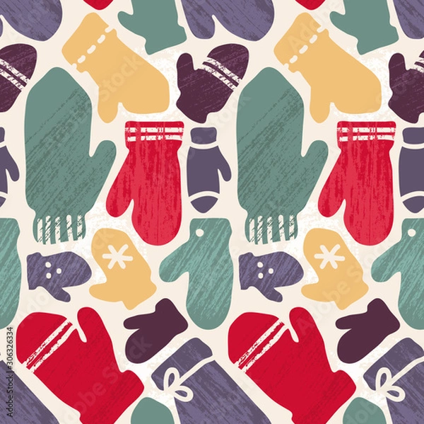Fototapeta Colorful seamless pattern with winter mittens. Retro doodle style. Background design for Christmas or New Year seasonal greeting cards and gifts wrapping paper