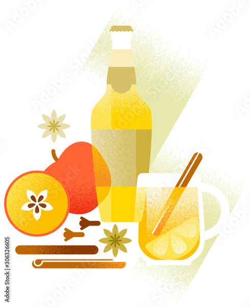 Fototapeta Bottle and glass of mulled cider with cinnamon, cloves, anise and apple slices. Christmas drink. Trendy flat style vector illustration. Decorative composition for winter seasonal designs
