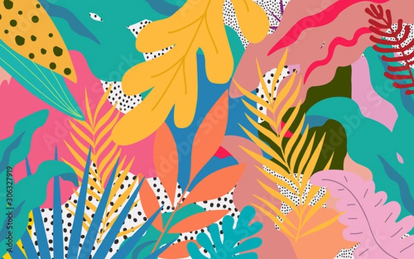 Fototapeta Kolorowe kwiaty i liście plakat tło wektor ilustracja. Egzotyczne rośliny, gałęzie, kwiaty i liście druk artystyczny dla urody, mody i produktów naturalnych, spa i wellness, wesel i wydarzeń