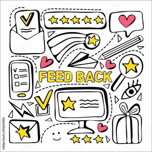 Fototapeta Customer feedback, positive review. Client puts a high rating in application. Online service evaluation. Hand drawn doodle modern set: phone, rank, rating scale stars, paper plane, gift box.