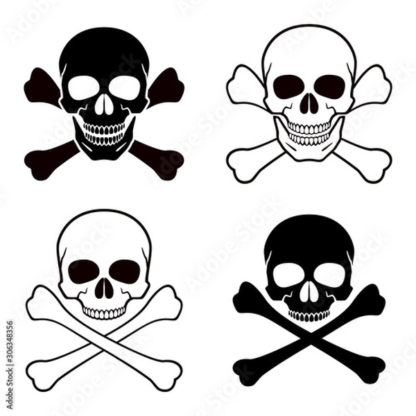 Fototapeta Human skull, crossbones. Symbol of danger. Abstract concept, icon set. Vector illustration on white background.