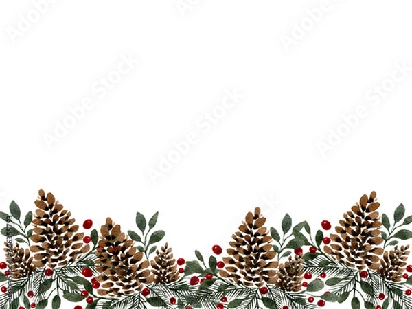 Obraz watercolor chtistmas template design with pine cones, berries and fir tree, traditional christmas card decoration with copy space for text