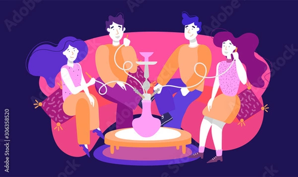 Obraz Vector illustration of a girl and a guy smoking a hookah on a sofa