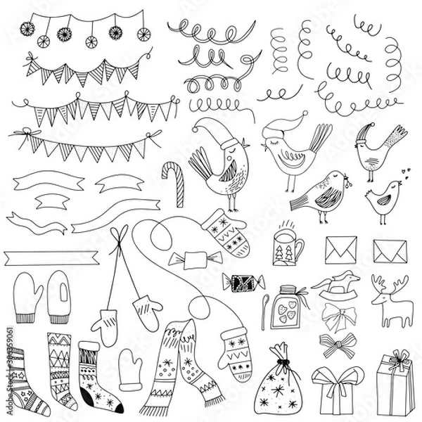 Fototapeta Christmas collection of decorative winter elements. Hand drawing Christmas elements with outline. Winter elements for greeting cards, posters, stickers and seasonal design. Isolated on white backgroun