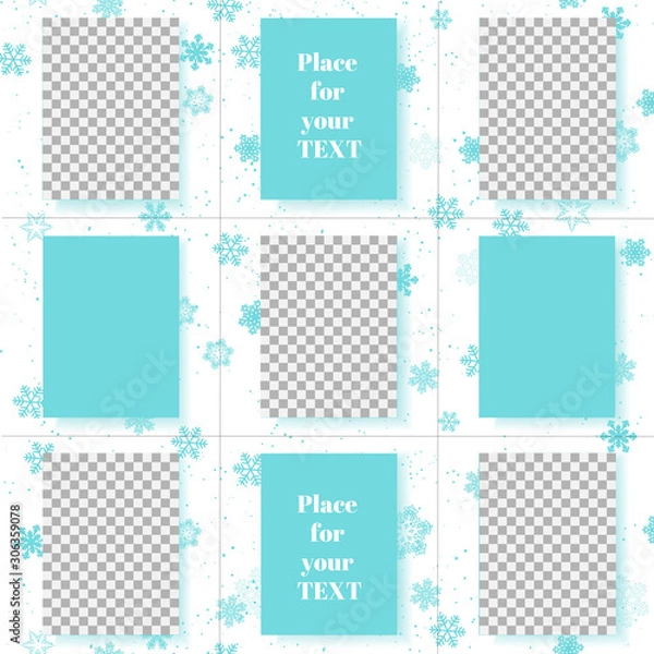Fototapeta Winter Social media design, seamless layout template for winter offers with snowflakes in square format. Vector background for mobile apps, Christmas newsletter design frame for photos in fashion shop