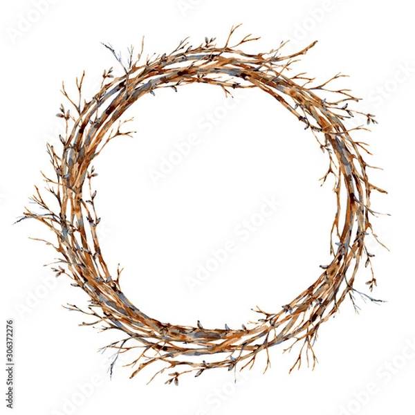 Fototapeta Watercolor tree branches wreath, vintajge botanical round frame for greeting card isolated on white background