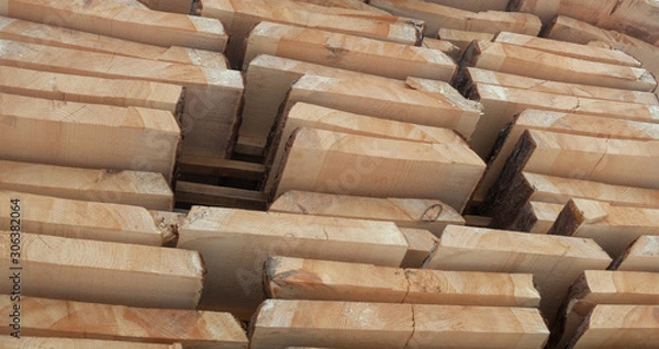 Fototapeta Wooden planks. Air-drying timber stack.