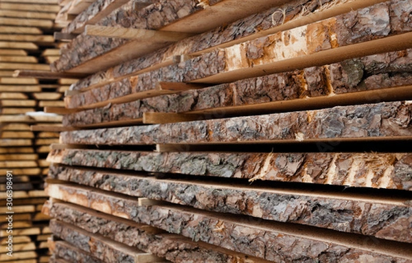 Fototapeta Wooden planks. Air-drying timber stack.