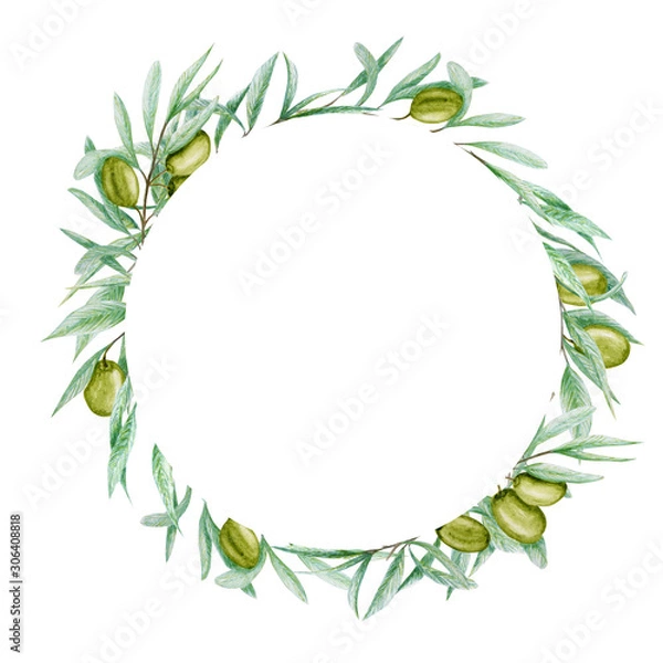 Fototapeta Watercolor green olive tree branch leaves wreath, Realistic olives illustration on white background, Hand painted Frame. Isolated Border design for invitations, greeting card, poster, label concept.
