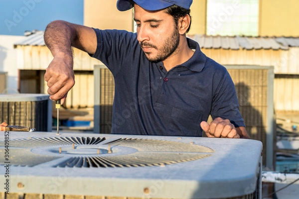 Fototapeta a professional electrician man is fixing a heavy duty unit of central air conditioning system by his tools on the roof top and wearing  uniform and white cap