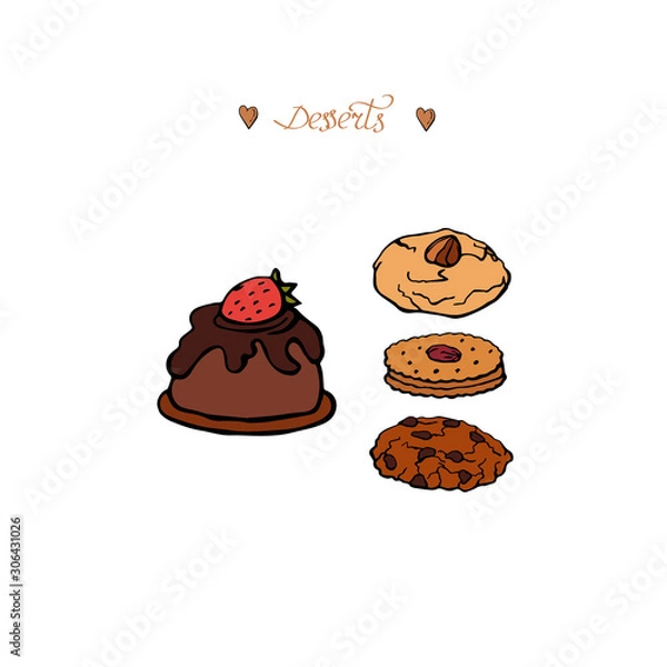 Obraz Set of desserts bakery cake and cookies isolated on white background. Hand drawn illustration.