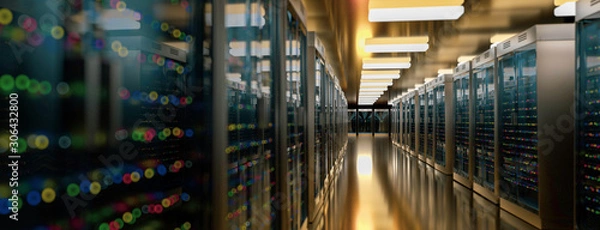 Obraz Server room data center. Backup, mining, hosting, mainframe, farm and computer rack with storage information. 3d render