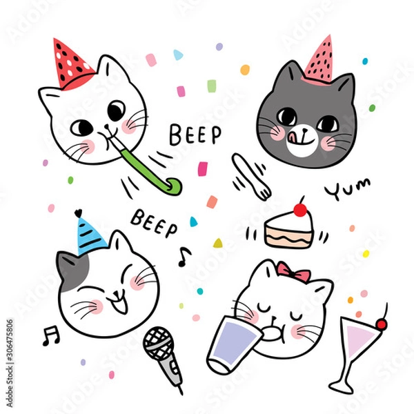 Fototapeta Cartoon cute cats celebration new year vector.