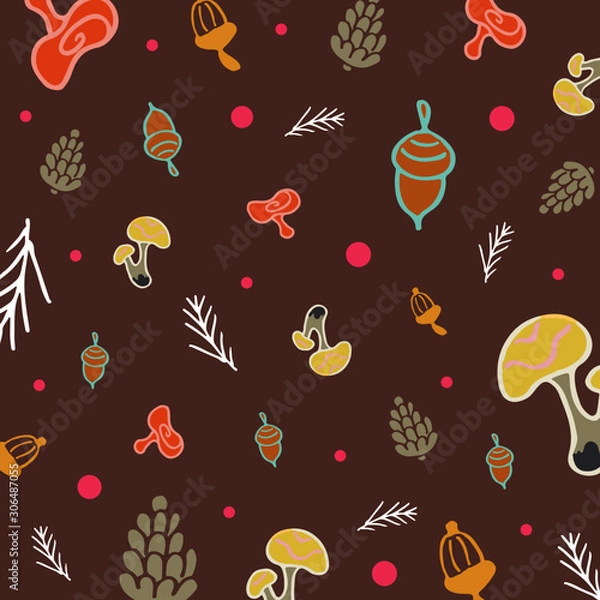 Fototapeta Doodle brown background with mushrooms, cones, berries, acorns and spruce branches.