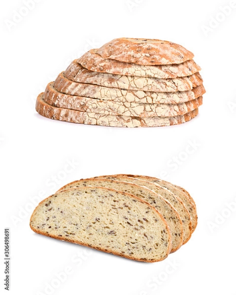 Obraz rustic bread with flax seeds in cutting isolate on white.Entire image in sharpness.