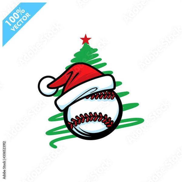Obraz  Baseball santa hat with christmas tree background logo vector