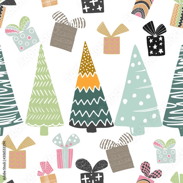 Obraz The colorful scandinavian Christmas gifts and trees seamless pattern for greeting packing